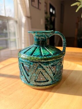 Vintage Italian Art Pottery Jug / Pitcher — Teal Glaze / Geometric Carved Design